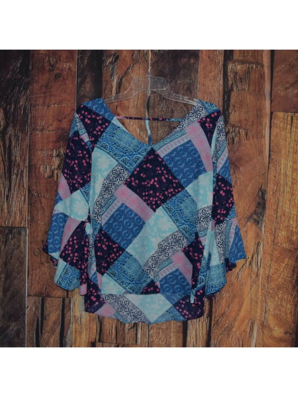 Dillards Moa Moa Women's Sz S Patchwork Bell Sleeve Boho Blouse